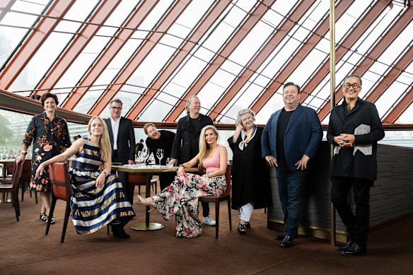 (Left to right) Julie Gibbs, Kate Gibbs (food author and granddaughter of Margaret Fulton), Guy Grossi, Lisa Havilah, Neil Perry, Louise Keats, Suzanne Gibbs, Peter Gilmore and Kylie Kwong gathered to mark the launch of the Australian Culinary Archive in 2020.