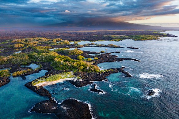 An aerial shot of a small part of Isla Isabela in the Galapagos Islands at sunset.
