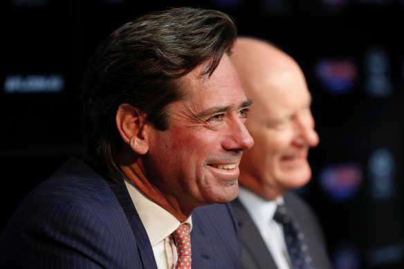 AFL boss Gillon McLachlan with commission chairman Richard Goyder after he announced he is vacating the CEO’s role.