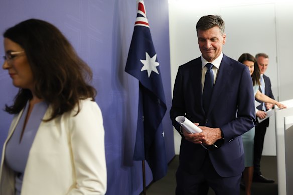 New Opposition Leader Angus Taylor leaves a press conference after announcing his shadow cabinet.