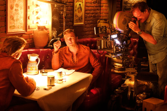 Quentin Tarantino, Leonardo DiCaprio and Brad Pitt on the set of Once Upon a Time ... in Hollywood.