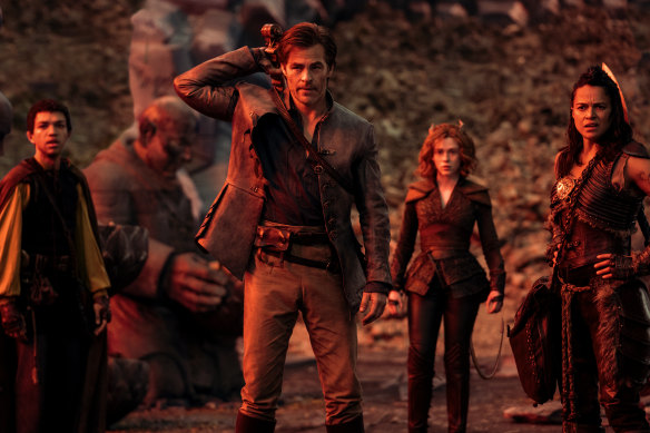 Justice Smith as Simon, Chris Pine as Edgin, Sophia Lillis as Doric and Michelle Rodriguez as Holga in Dungeons & Dragons: Honour Among Thieves.