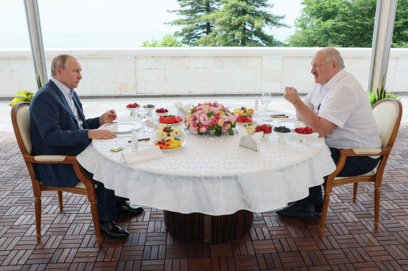 Russian President Vladimir Putin meets with Belarusian President Alexander Lukashenko on June 9.
