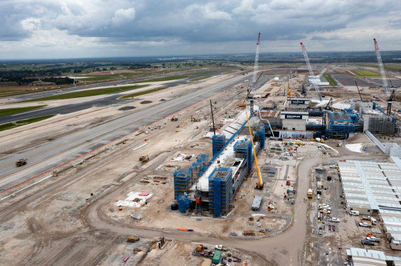 Construction of Western Sydney Airport in November 2022. The airport and the metro line are due to open in 2026.