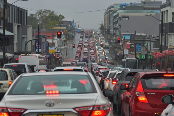 A conga line of vehicles on Victoria Road in Drummoyne during the morning peak on Tuesday last week.