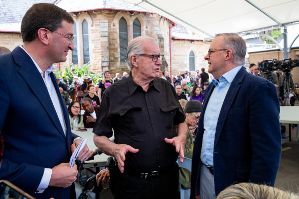 Prime Minister Anthony Albanese and MP Julian Lesser with Reverend Bill Crews (centre) at the launch of the Ashfield Uniting Church’s Yes23 campaign in September.