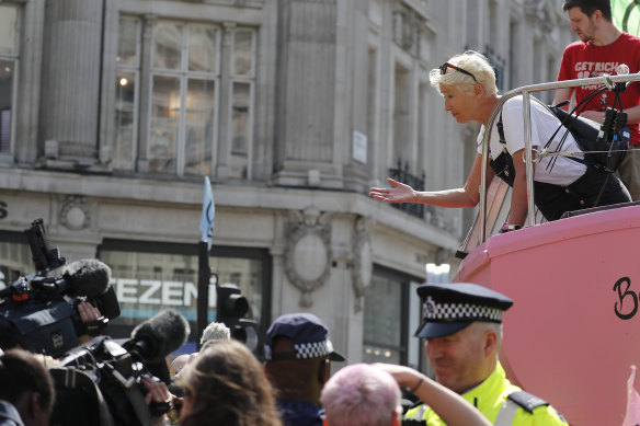 British actress Emma Thompson speaks to the media at Oxford Circus in London in April, during an Extinction Rebellion demonstration that blocked the road.