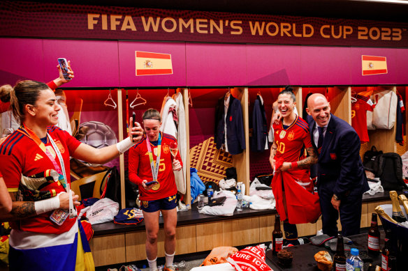 A supplied photo of Royal Spanish Football Federation president Luis Rubiales in the changerooms after the World Cup final with Spain’s Jennifer Hermoso.