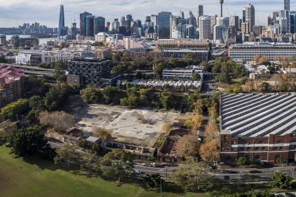 The former quarry and waste yard at the corner of Wattle and Fig streets in Pyrmont, photographed in June 2021.