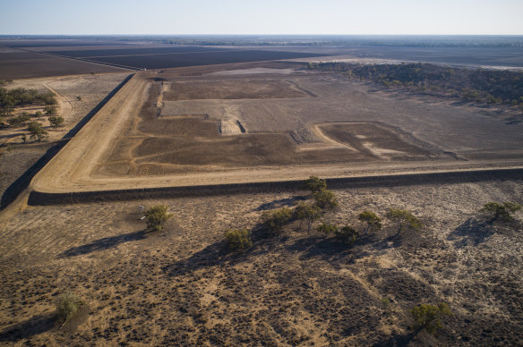 A huge water retention basin near Warren on the Macquarie River flood plain photographed in 2019, when Australia had one of the worst droughts on records.