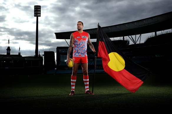 Lance Franklin in Sydney’s 2023 Marn Grook jumper.