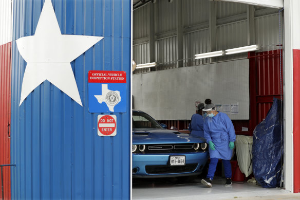 Health workers test for coronavirus antibodies and infections at a converted vehicle inspection station in San Antonio.