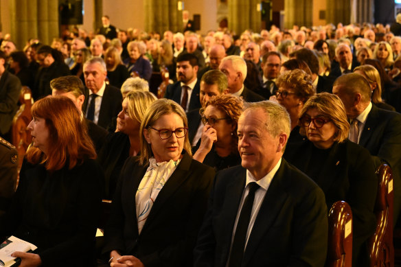 From left: Victorian Governor Margaret Gardner, Premier Jacinta Allan and NDIS Minister Bill Shorten during the state funeral for Twentyman.