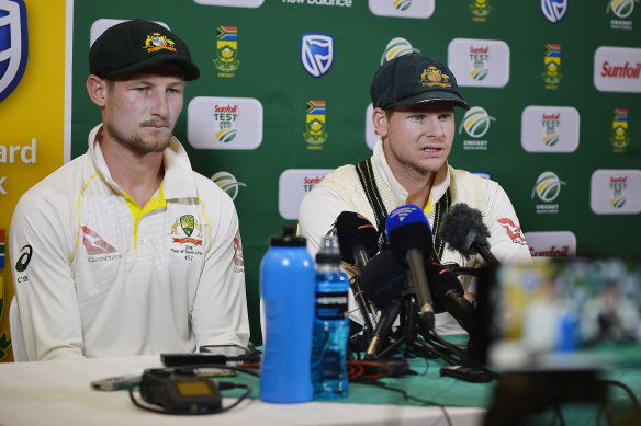 Cameron Bancroft and Steve Smith face the media in South Africa.