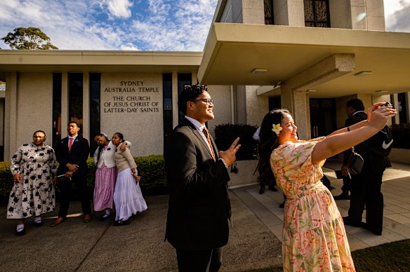 Worshippers at the Church of Jesus Christ of Latter Day Saints on Pennant Hills Road.