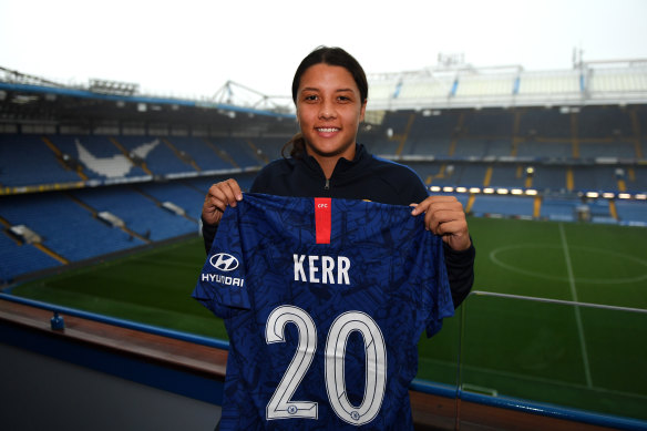 Sam Kerr at Chelsea's home ground, Stamford Bridge in London. 