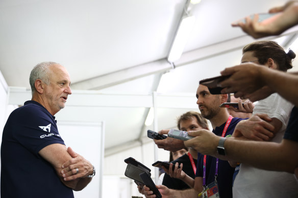Graham Arnold speaks to the media at Australia’s base in Doha at the Aspire Academy.