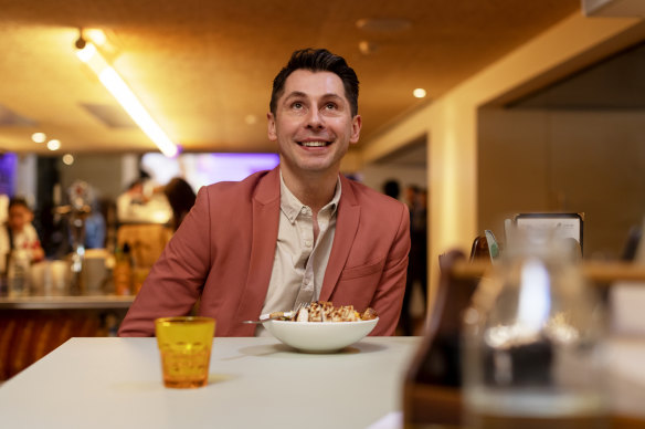 Adam Lindsay dines at This Way Canteen in the foyer of the Museum of Sydney.