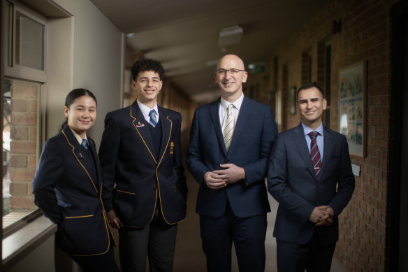 Waverley Christian College captains Judy Staebe and Pierre Faragalla with Andrew Bawden, head of secondary  and David Lepileo, head of campus.