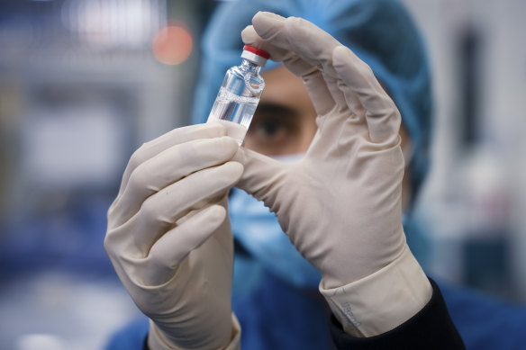 One of the first vials of the AstraZeneca vaccine manufactured at Sequiris/CSL in Melbourne.