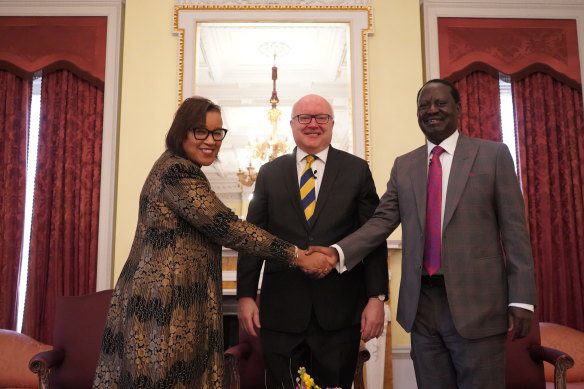 From left to right: Commonwealth Secretary-General Baroness Patricia Scotland, Australia’s High Commissioner to the UK George Brandis and Kenya’s presidential candidate Raila Odinga at Marlborough House, London.