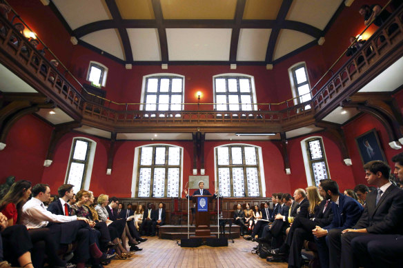 Then-US secretary of state John Kerry speaks at the Oxford Union in 2016.