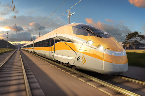 An artist’s impression of a high-speed train operating between Sydney and Newcastle.