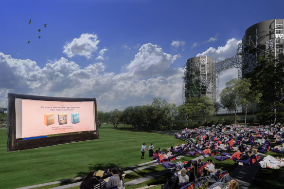 An artist’s impression of an outdoor cinema at the future Rozelle Parklands, with ventilation stacks on the right.