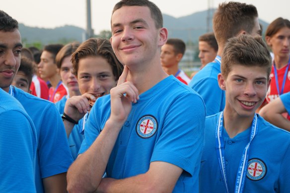 Socceroos star Jordan Bos, right, playing for Melbourne City’s academy in 2017.