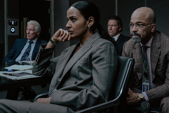 Richard Gere as Bosko, Ambreen Razia as Blair, Dominic West as the unnamed CIA Director and Jeffrey Wright as Henry in The Agency. 