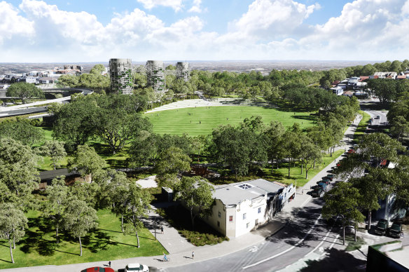 An artist's impression of the nearly 10 hectares of parkland to be created above the site of the underground interchange for WestConnex at Rozelle.

