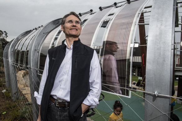 Newcastle University developer Paul Dastoor whose team has developed  wafer-thin solar panels that Lane Cove Council has installed on a lattice walkway to power a light display. 