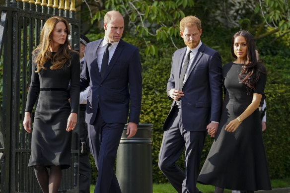 Princess Catherine, Prince William, Prince Harry and Meghan Duchess of Sussex after the death of Queen Elizabeth II in 2022.