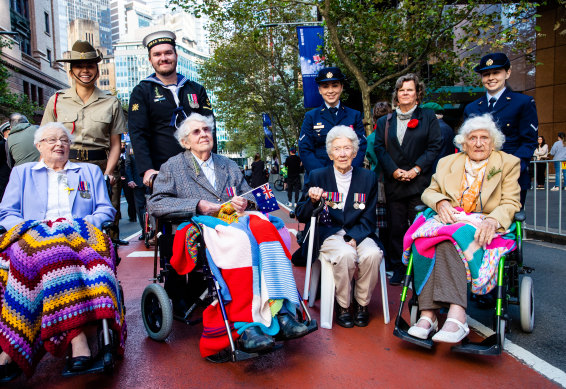 Anzac Day March participants. (left to right) Dorothy Curtis, Mavis Wheeler, Barbara Coward and Margaret Ferrier.