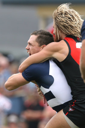 Dyson Heppell tackles Joel Selwood in Colac.