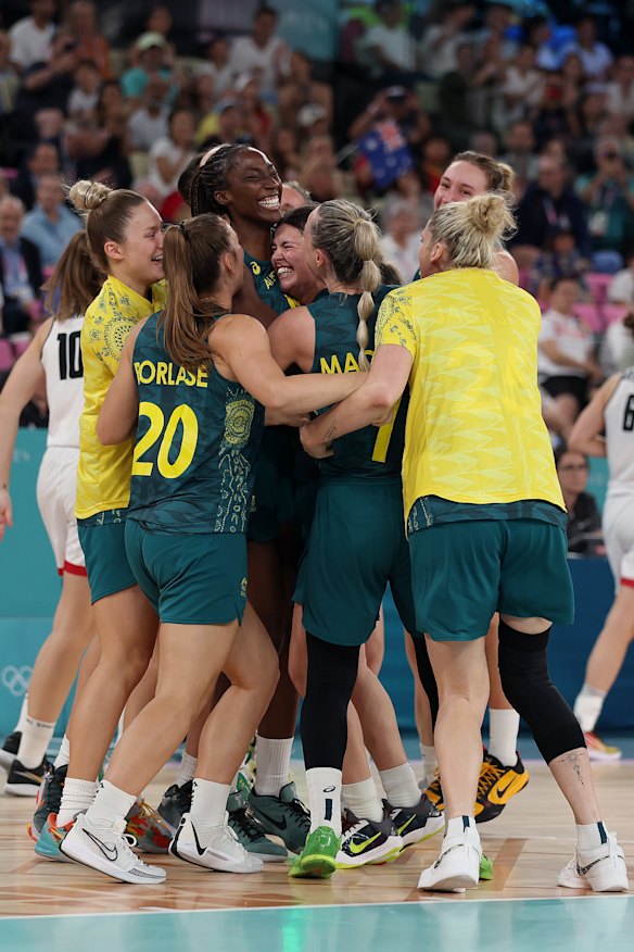 The Opals celebrate winning the bronze medal against Belgium.