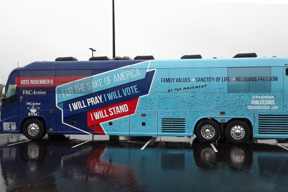 The Values Voter Bus in the Chik-fil-A car park in Charlotte.