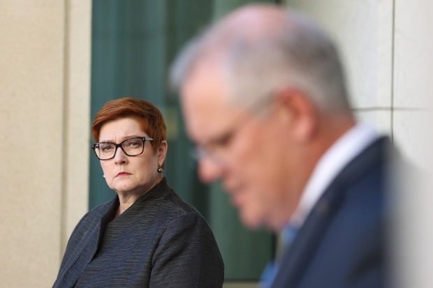 Minister for Foreign Affairs Marise Payne and Prime Minister Scott Morrison during a press conference on the ministry reshuffle, at Parliament House in Canberra on  Monday 29 March 2021. fedpol Photo: Alex Ellinghausen