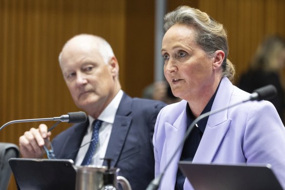 Richard Goyder, Qantas chairman, and Vanessa Hudson, Qantas CEO and Managing Director, during a hearing with the Select Committee on Commonwealth Bilateral Air Service Agreements, at Parliament House in Canberra on Wednesday