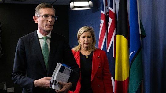 Premier Dominic Perrottet and Minister for Women, Minister for Regional Health and Minister for Mental Health Bronnie Taylor addressing the media. 12th August 2022 Photo Louise Kennerley SMH