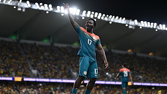 Nestory Irankunda celebrates after scoring against Brazil. 