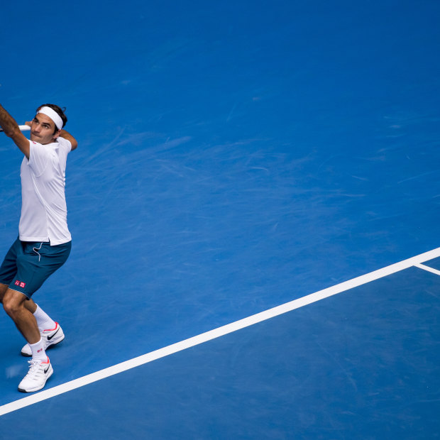 Roger Federer serving at last year’s Australian Open. The Swiss great has been coming to Melbourne for two decades.