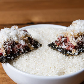 Yukhoe (raw beef) with seaweed wrapping.