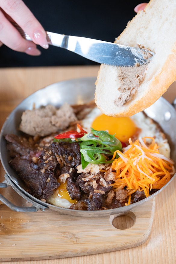 Saigon pan with Vietnamese stir fried beef, pate and toasted baguette.