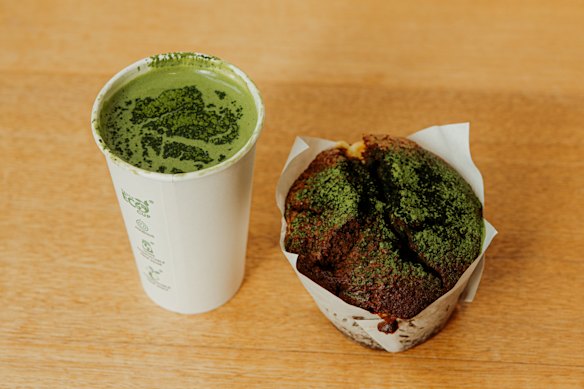 Matcha latte and matcha muffin.