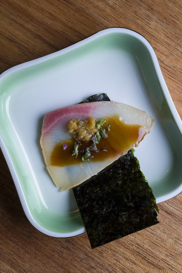 Buri (Japanese kingfish) with spicy ginger miso.