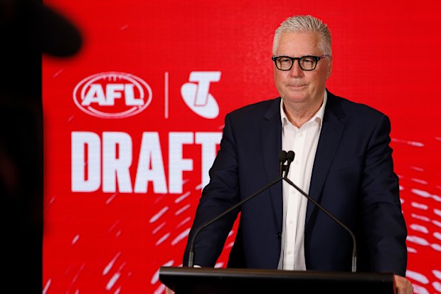 MELBOURNE, AUSTRALIA - NOVEMBER 20: Greg Swann, Executive General Manager Football Performance of the AFL reads out picks during the 2025 Telstra AFL Draft at Marvel Stadium on November 20, 2025 in Melbourne, Australia. (Photo by Michael Willson/AFL Photos via Getty Images)