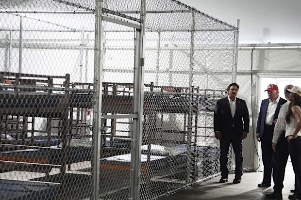 President Donald Trump, Gov. Ron DeSantis, and Homeland Security Secretary Kristi Noem, and others, tour Alligator Alcatraz, a new migrant detention facility at Dade-Collier Training and Transition facility in Florida.