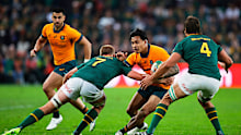 Springboks defenders try to shut down Len Ikitau.