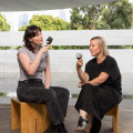 Taya Oxenham (left) and Georgia Bainbridge enjoying grey ice-cream at Melbourne’s M Pavilion installation.
